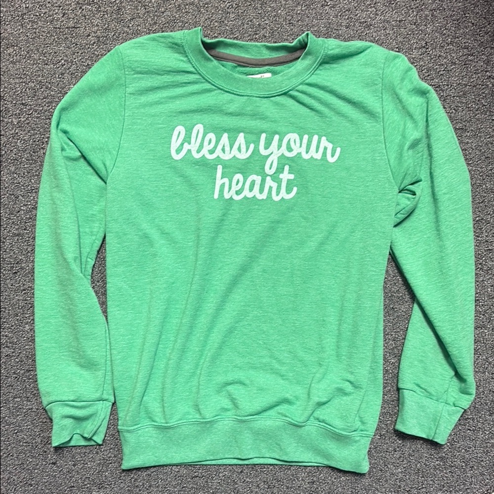 Green Women's Sweater with 'Bless Your Heart' Print
